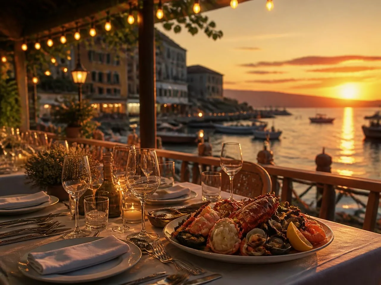 Waterfront terrace dining at sunset