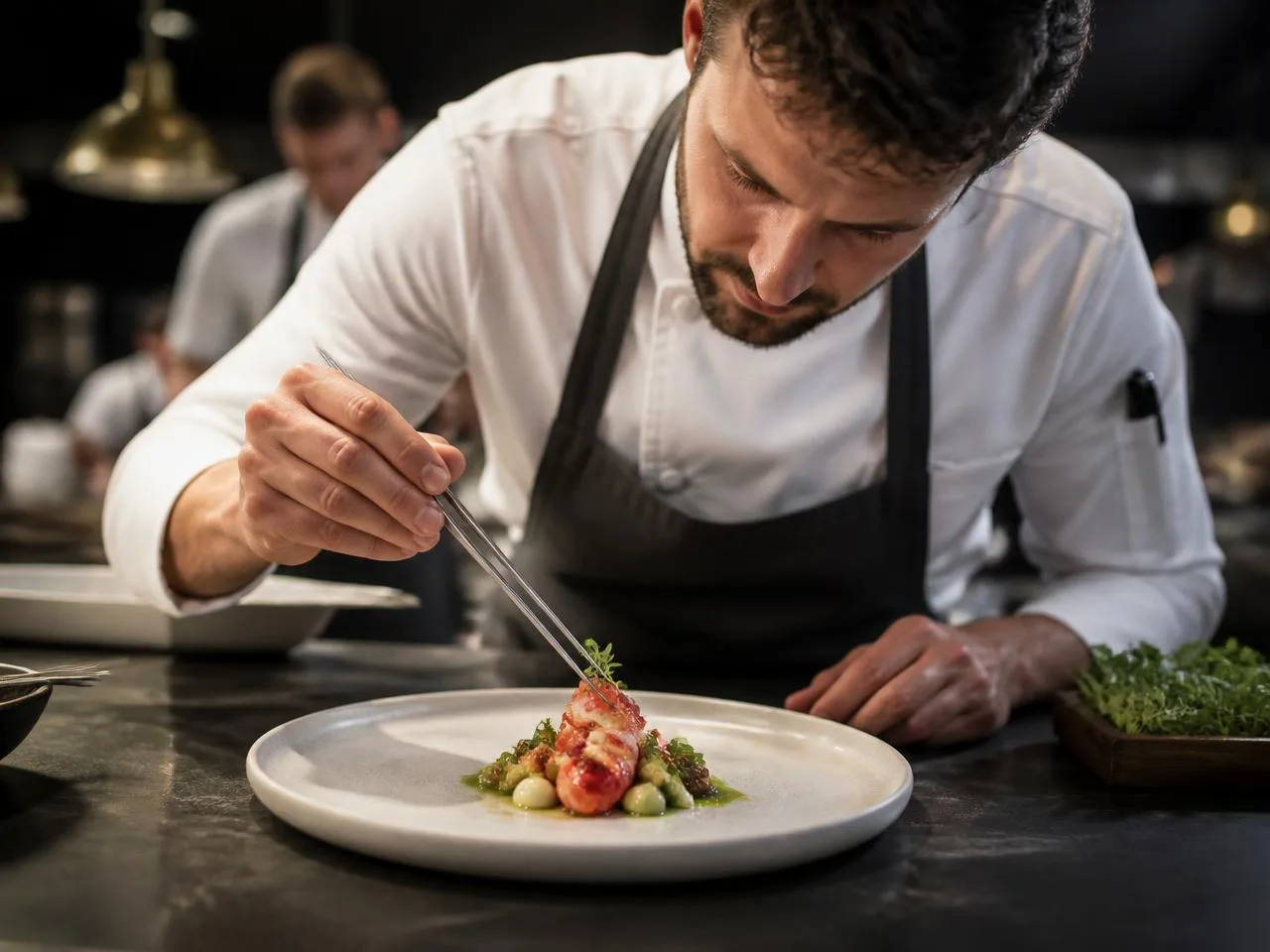 Chef-driven tasting plate on a dark counter