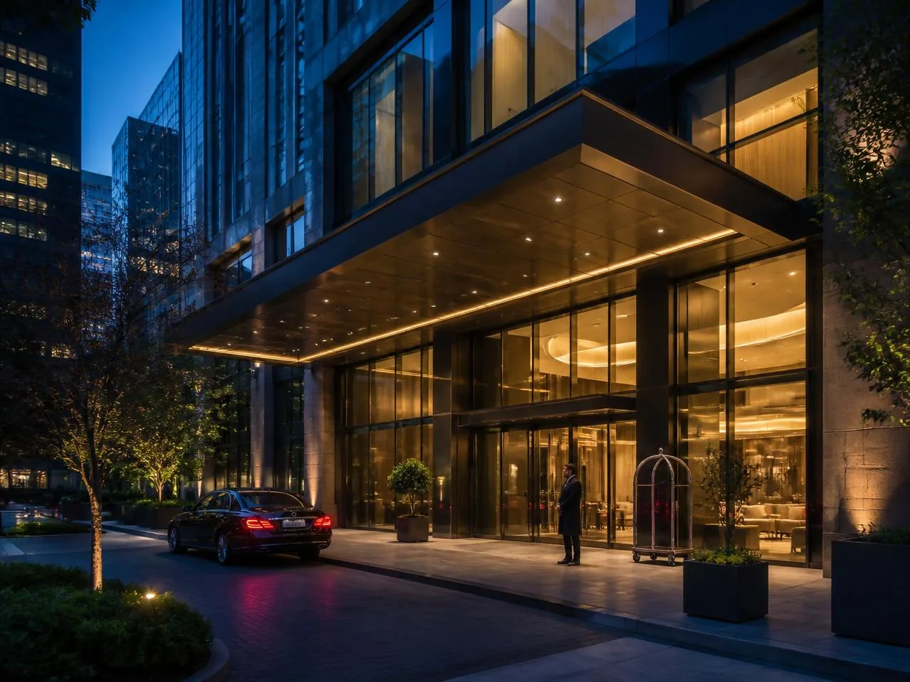 Modern downtown city hotel at blue hour