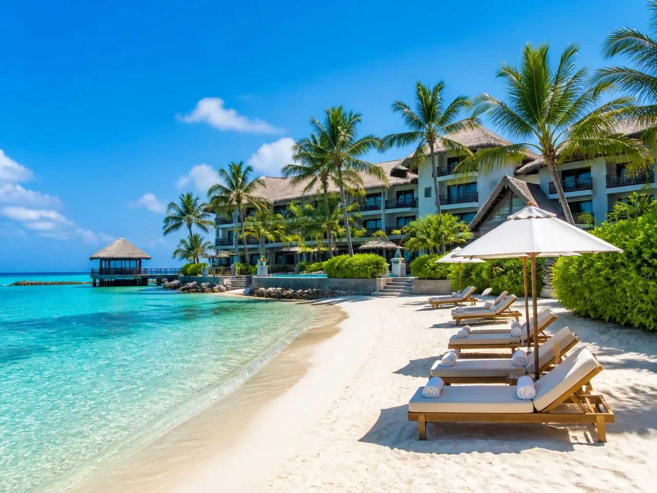 Beachfront resort with palms and turquoise water