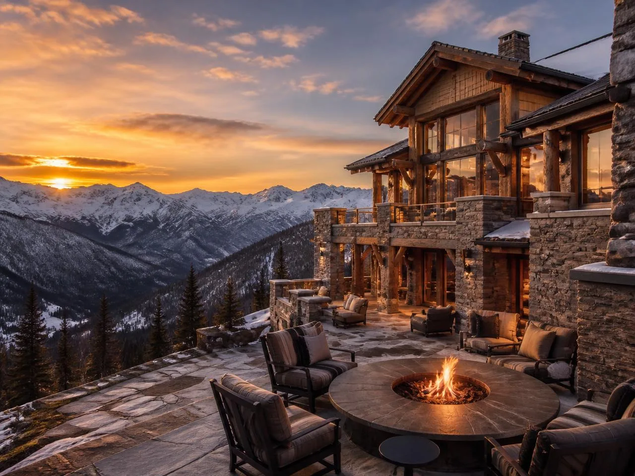 Mountain destination resort lodge at golden hour