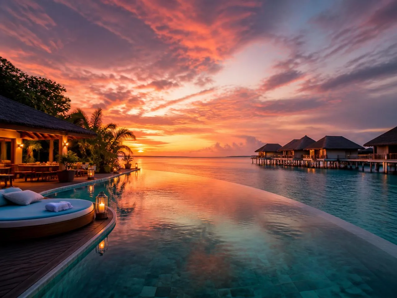 Tropical luxury resort infinity pool at sunset