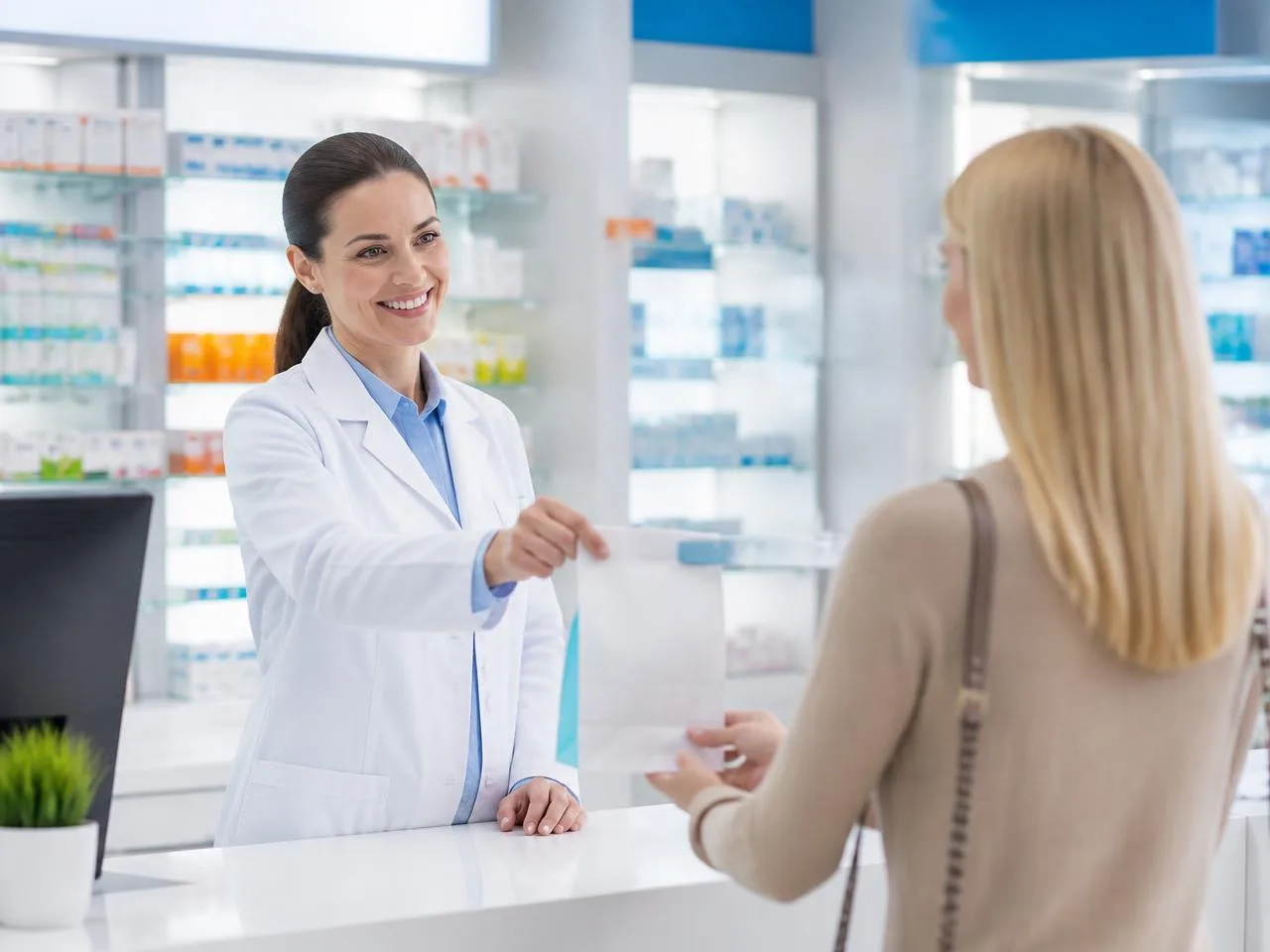 Pharmacist handing a prescription to a customer