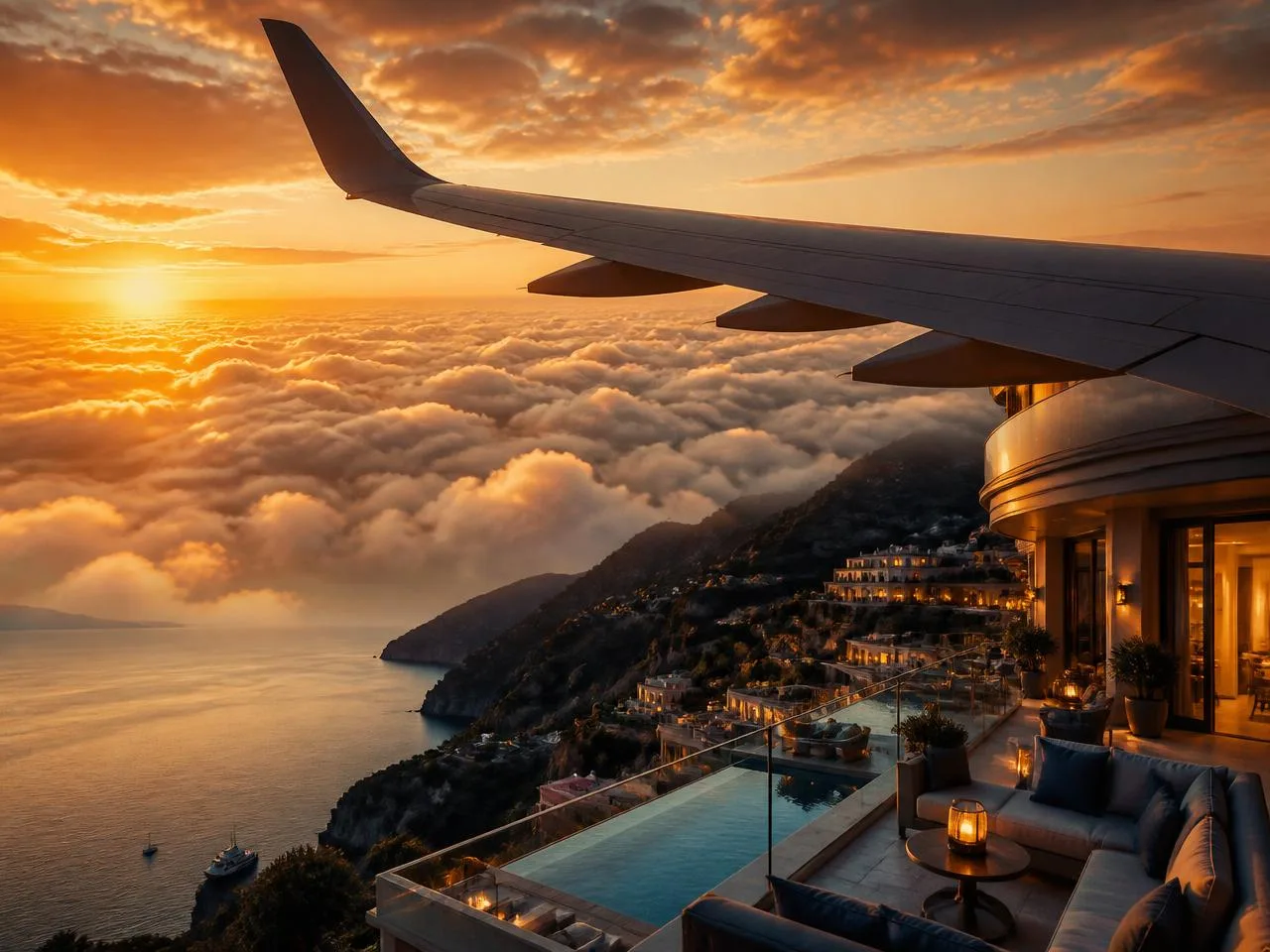 Airliner wing above clouds at sunrise