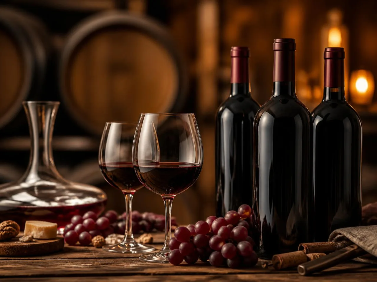 Red wine bottles and glasses in a barrel cellar