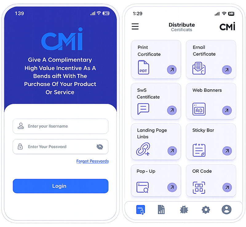 CMI mobile app login and certificate-distribution screens