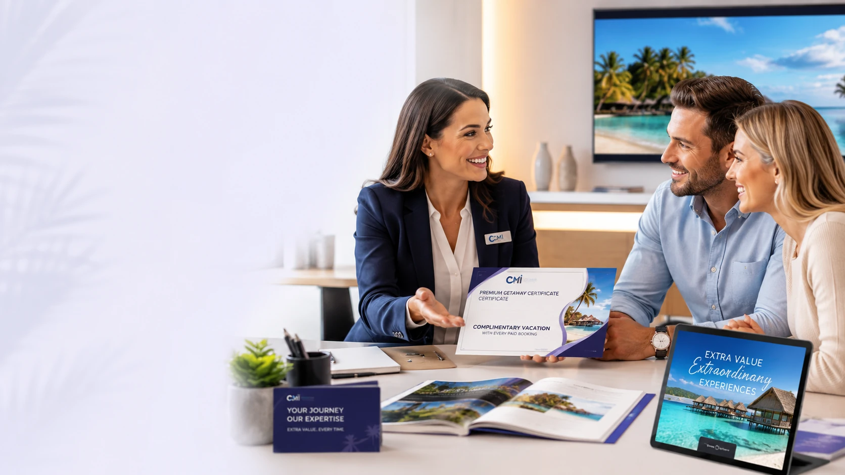 Travel agent consulting with a happy client about a vacation booking