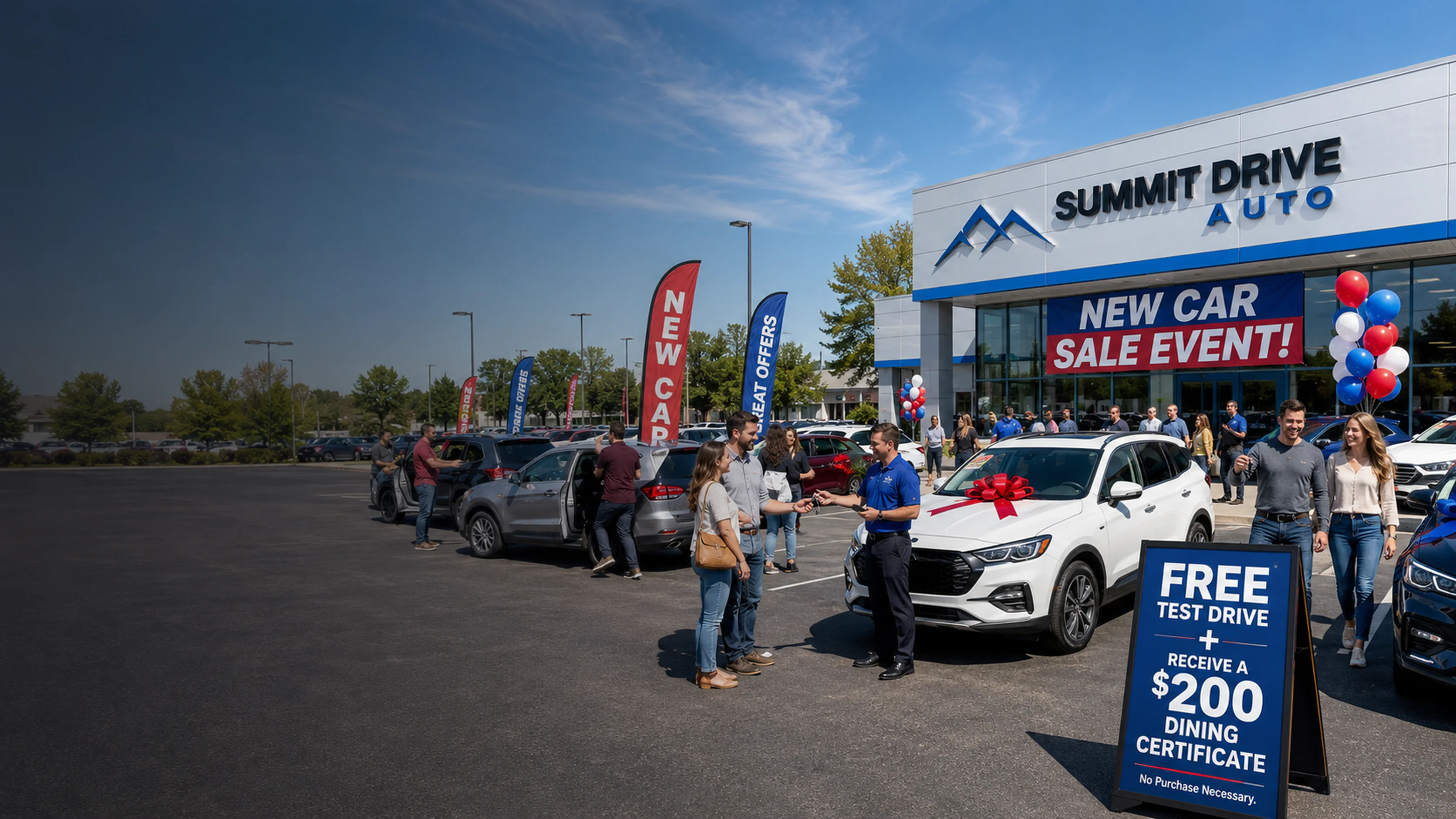 Dealership sales event with shoppers, vehicles and a $200 dining certificate test-drive promotion