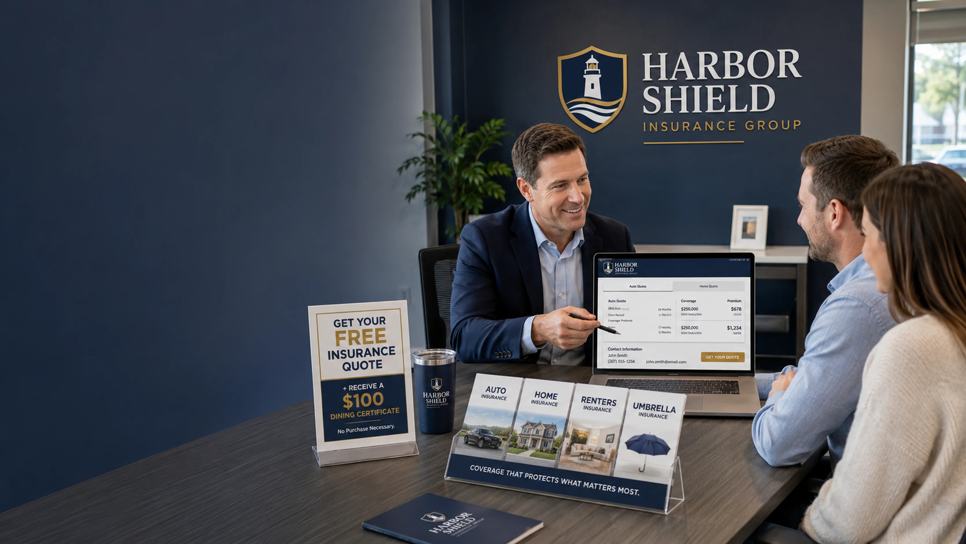 Insurance agent reviewing a free quote with prospective clients alongside a dining certificate offer
