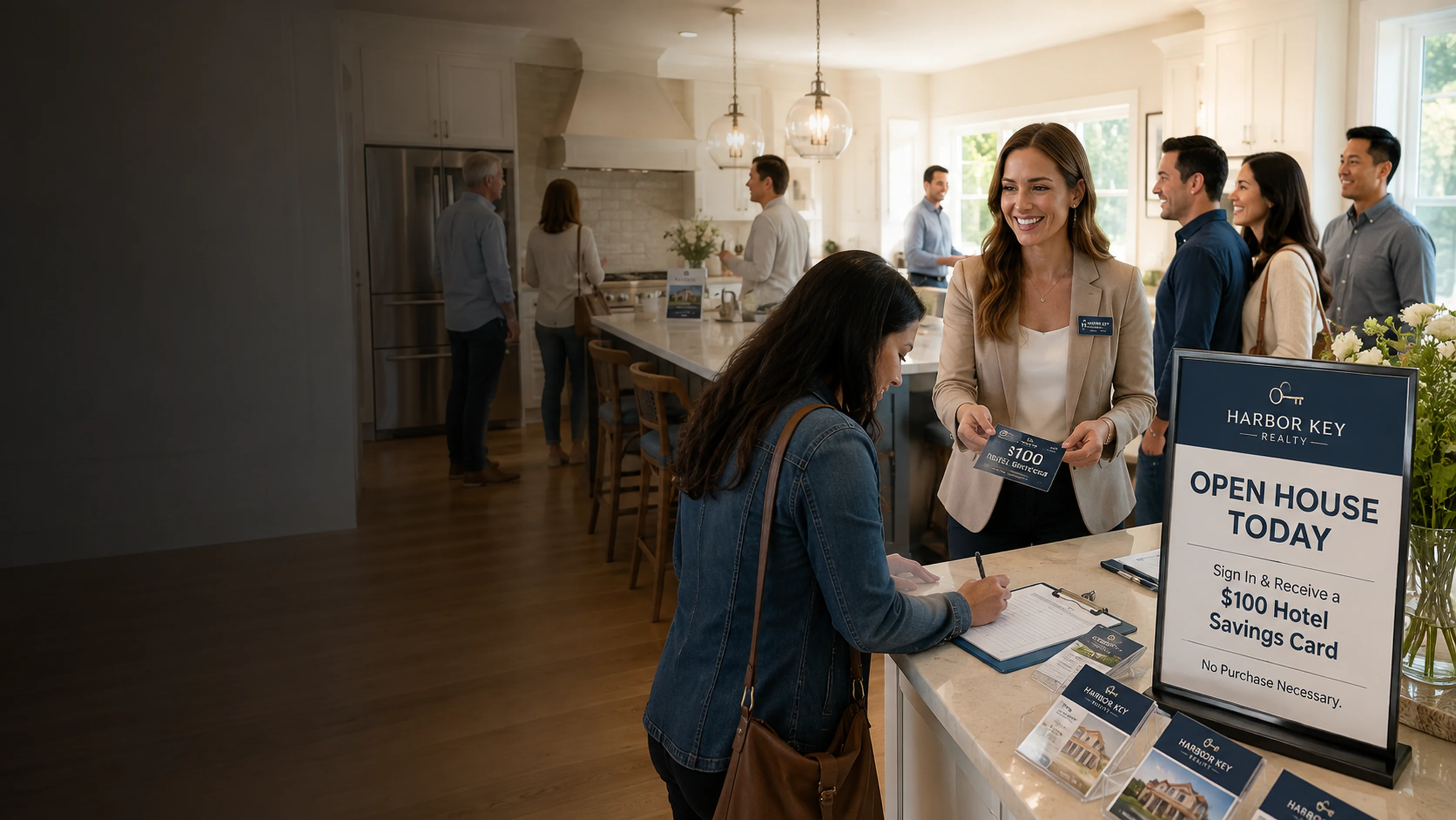 REALTOR® greeting prospective home buyers at an open-house sign-in table with a $100 Hotel Savings Card promotion