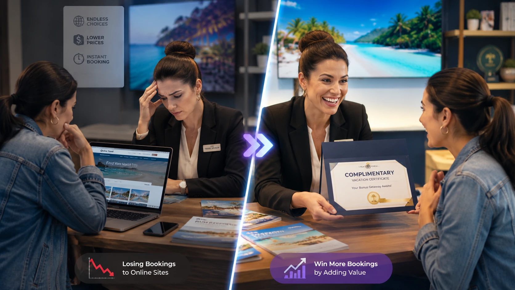 Split comparison: a travel advisor losing a booking to online travel sites versus winning the booking by handing the traveler a complimentary vacation certificate