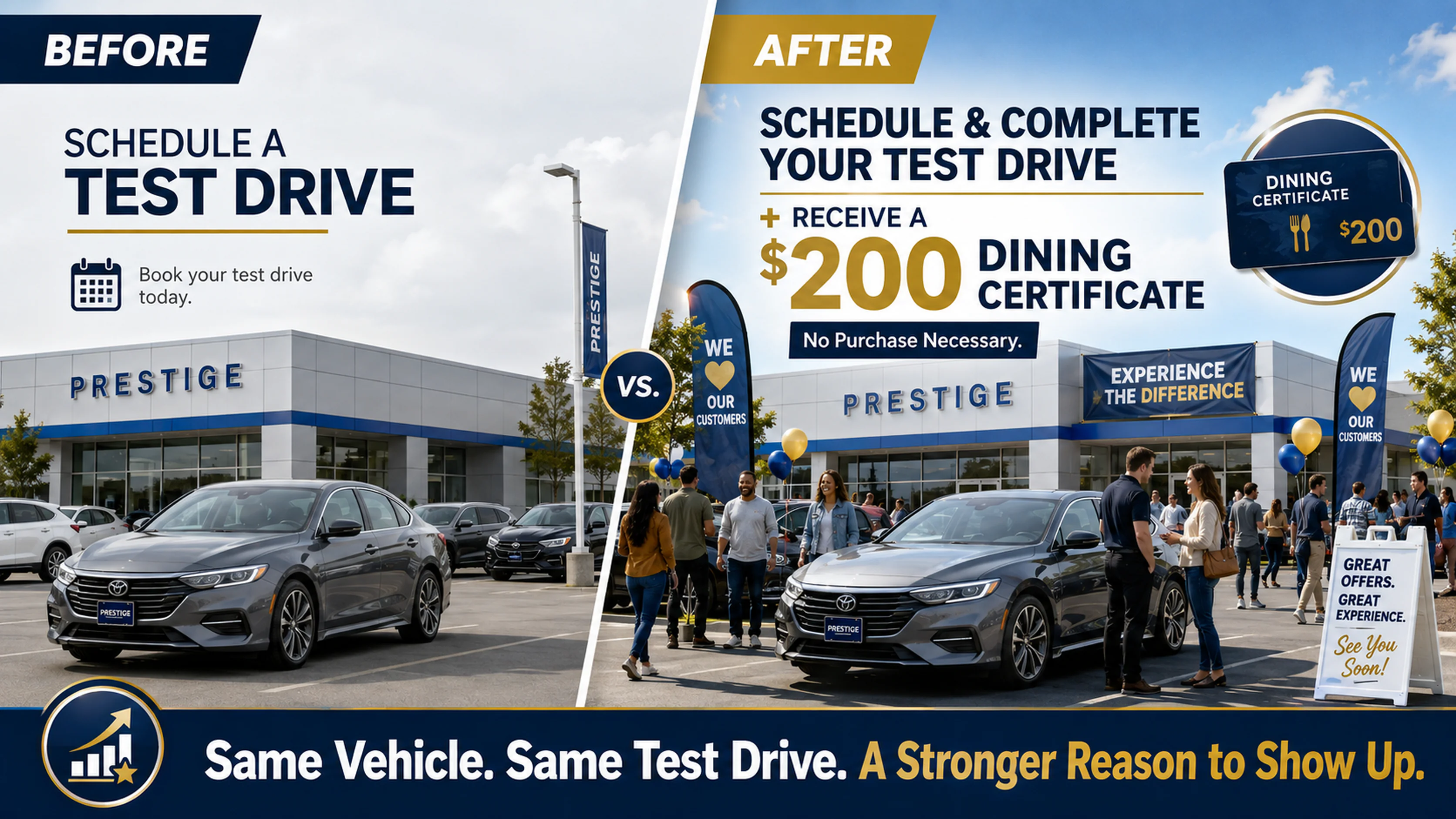 Test drive offer before and after adding a $200 Dining Certificate incentive