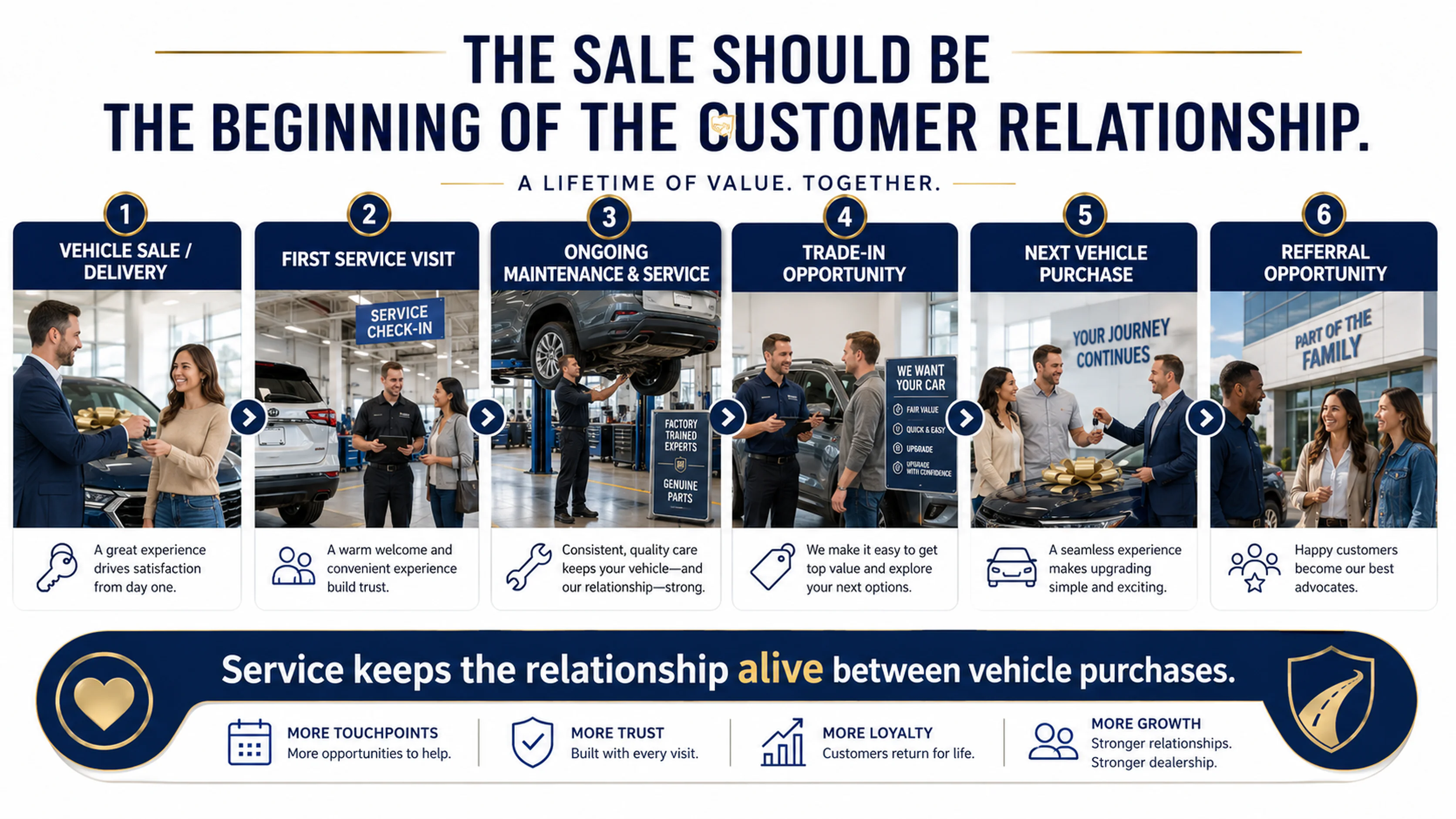 Dealership lifecycle from vehicle sale to service, trade-in, next vehicle purchase and referral