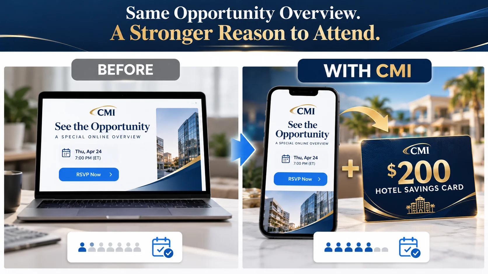 Before and after network marketing opportunity overview invitation with a 200 dollar Hotel Savings Card