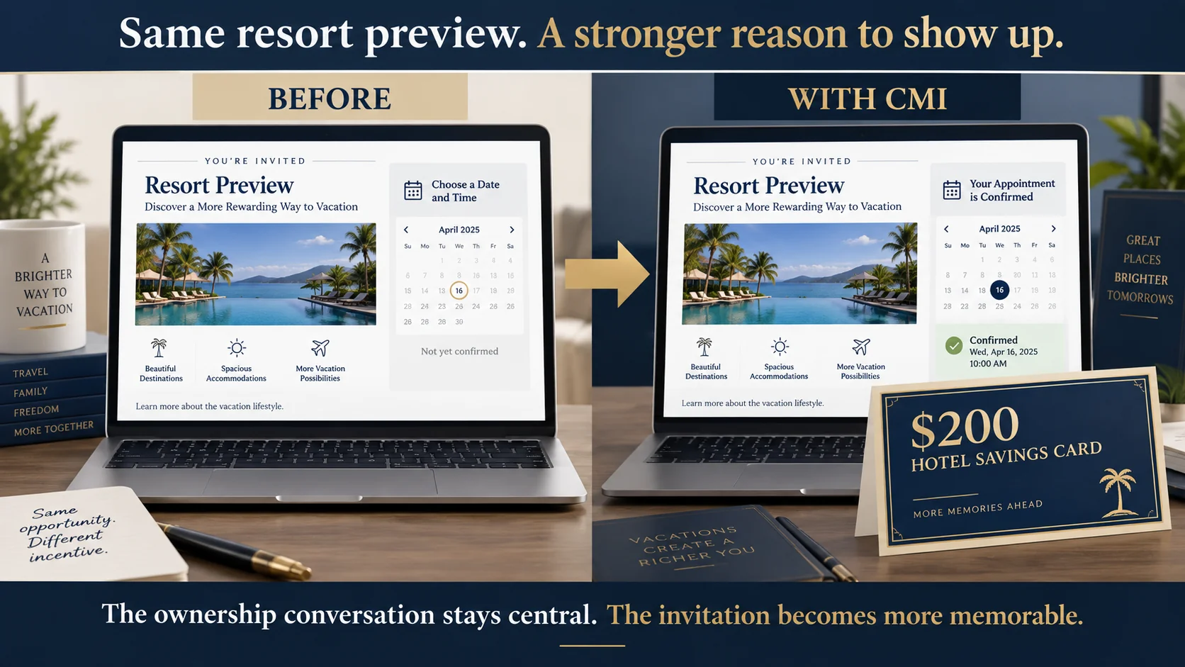 Before and after resort preview invitation with a promotional travel certificate