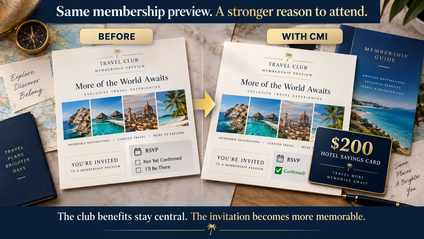 Before and after travel club discovery meeting invitation with a promotional certificate