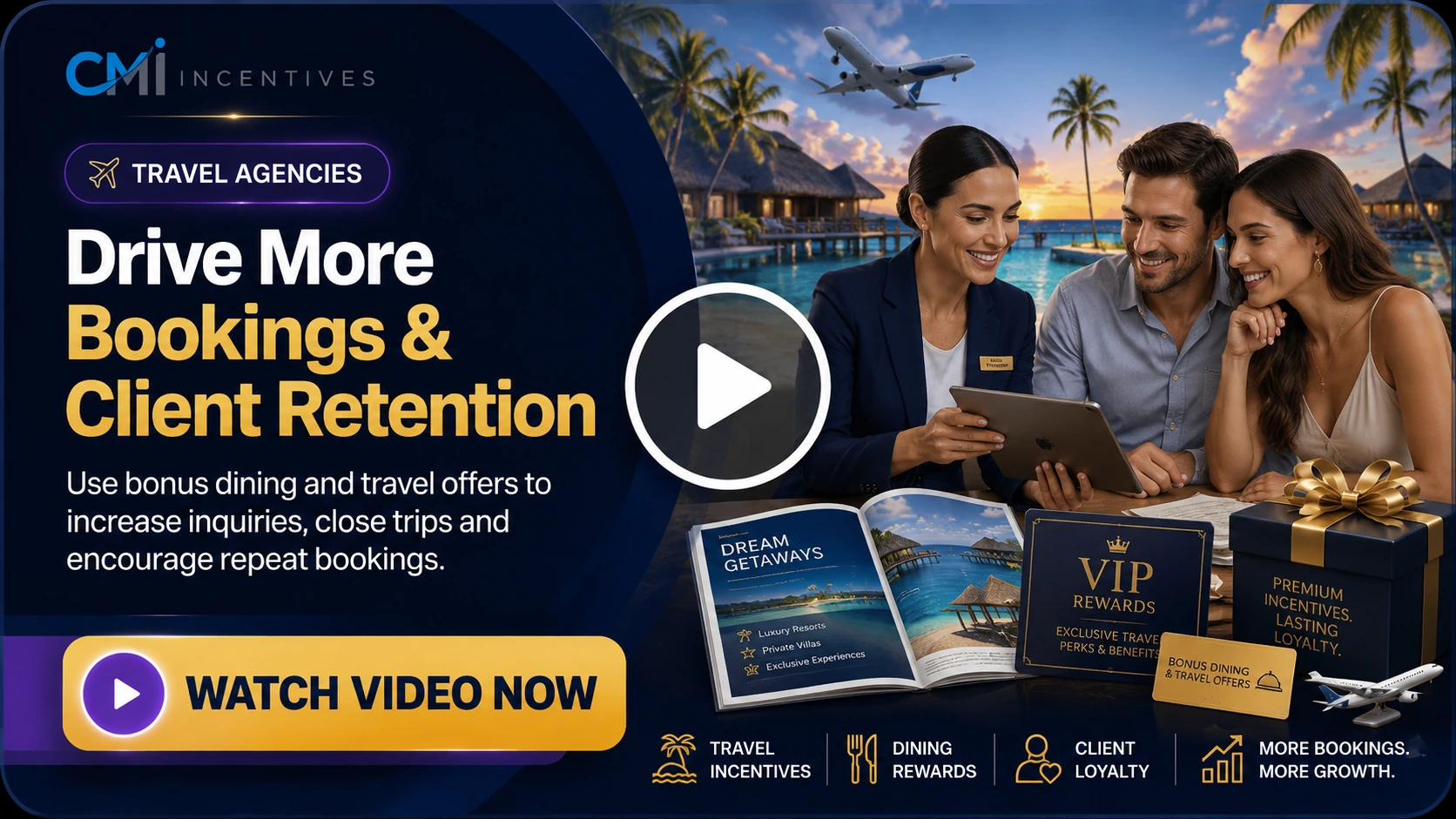 Travel-agency video thumbnail about increasing bookings and client retention with incentives