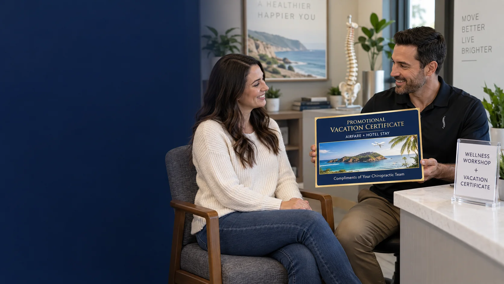 Chiropractor presenting a Promotional Vacation Certificate during a patient consultation
