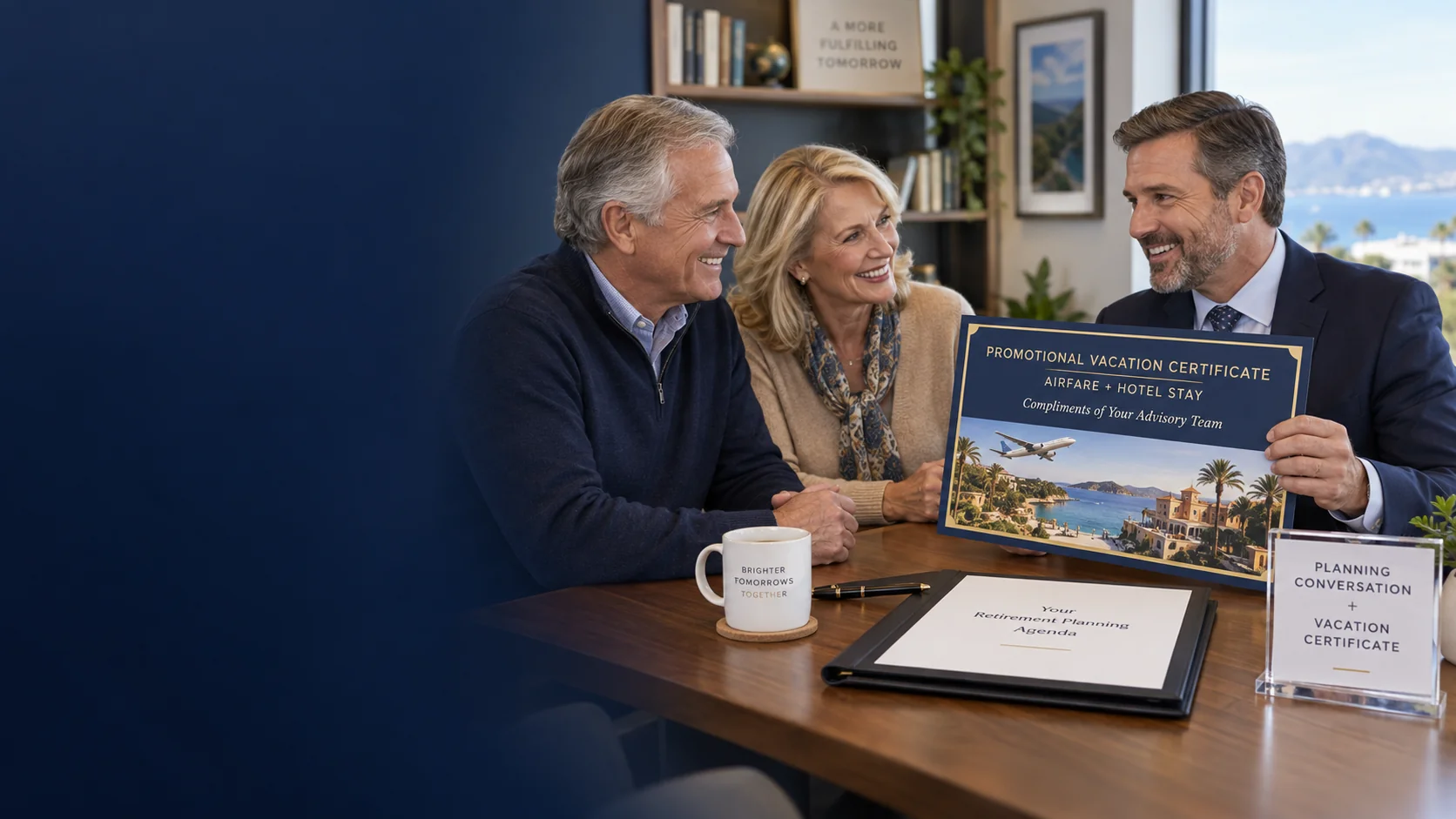 Financial advisor presenting a Promotional Vacation Certificate during a client planning conversation