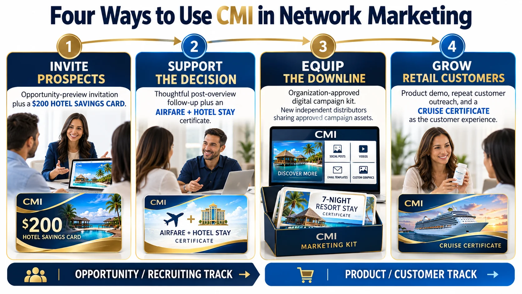 Four ways CMI supports opportunity prospecting, considered decisions, downline activation, and retail customer growth