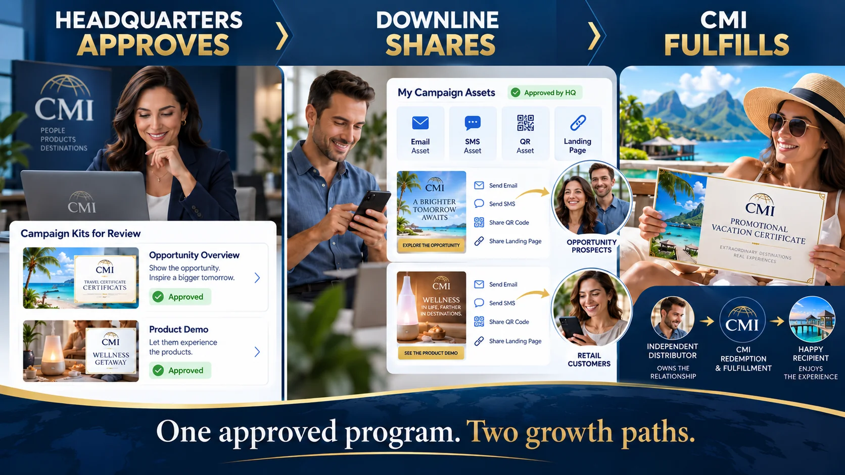 Headquarters approves network marketing campaign assets, the downline shares them, and CMI fulfills the incentive