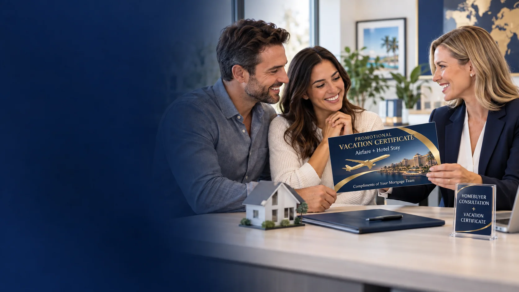 Loan officer presenting an Airfare Plus Hotel Stay certificate to a homebuyer couple during a mortgage consultation