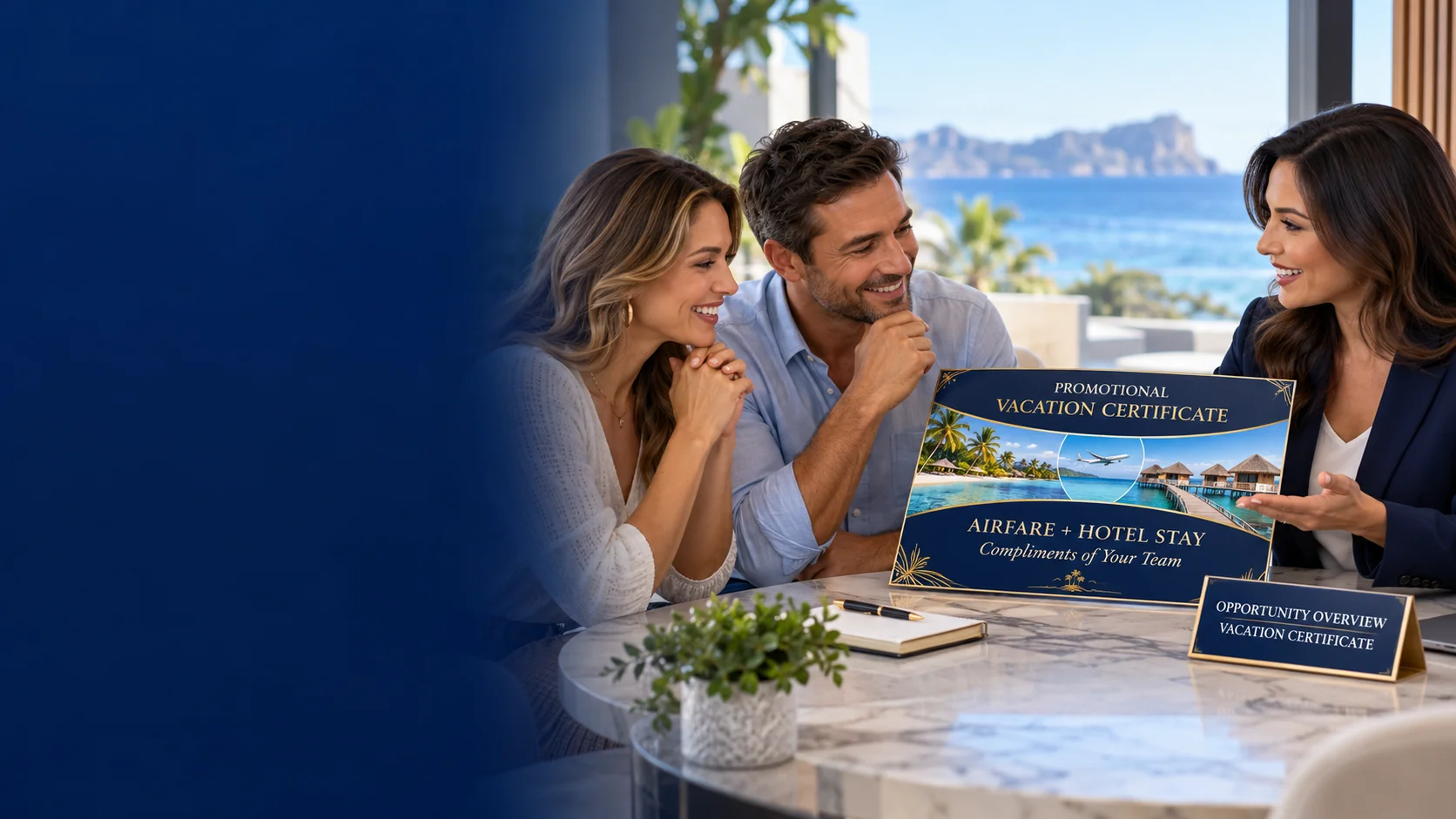 Network marketing opportunity discussion with a promotional Airfare and Hotel Stay vacation certificate