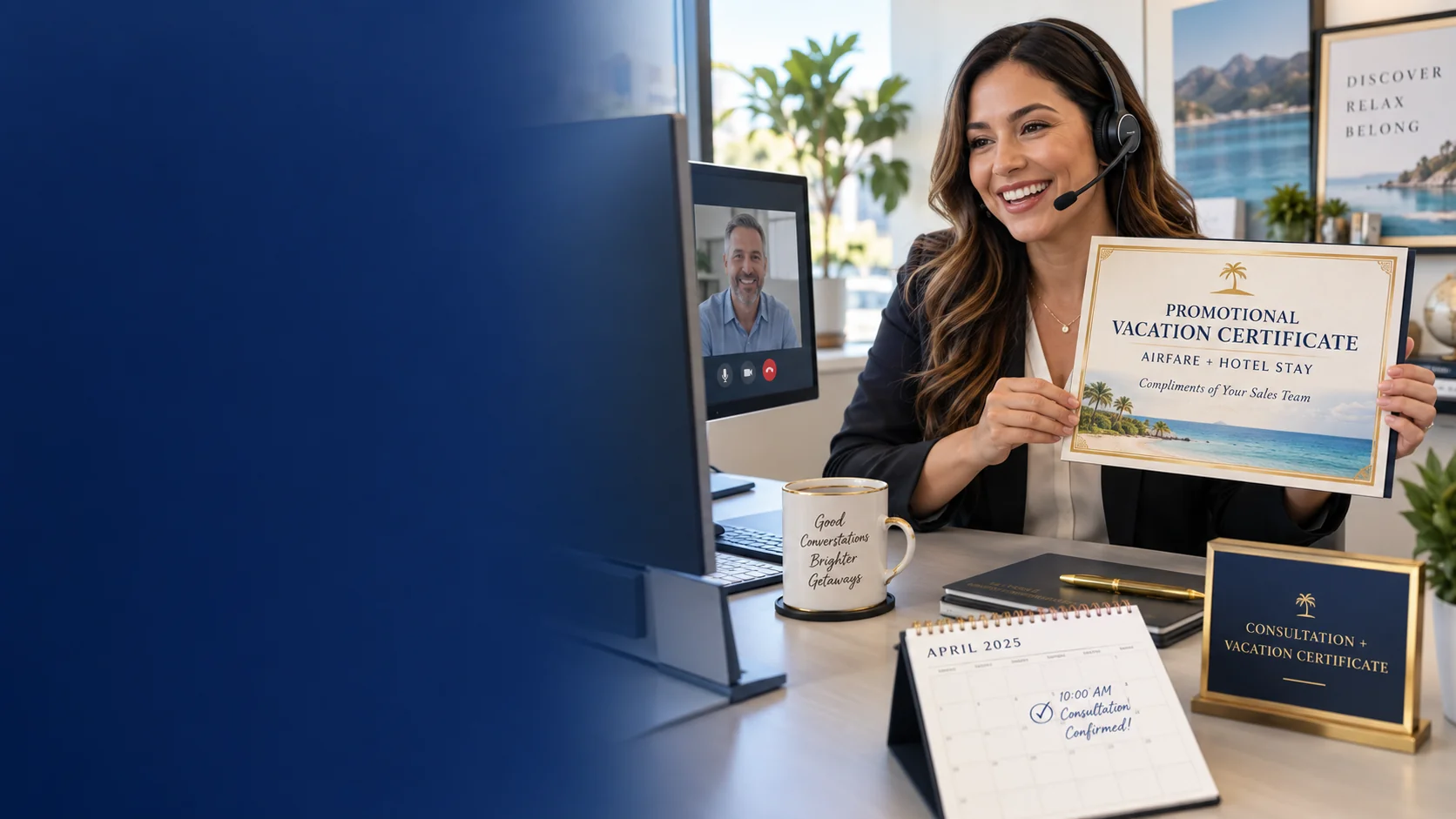 Outbound sales conversation featuring a promotional vacation certificate