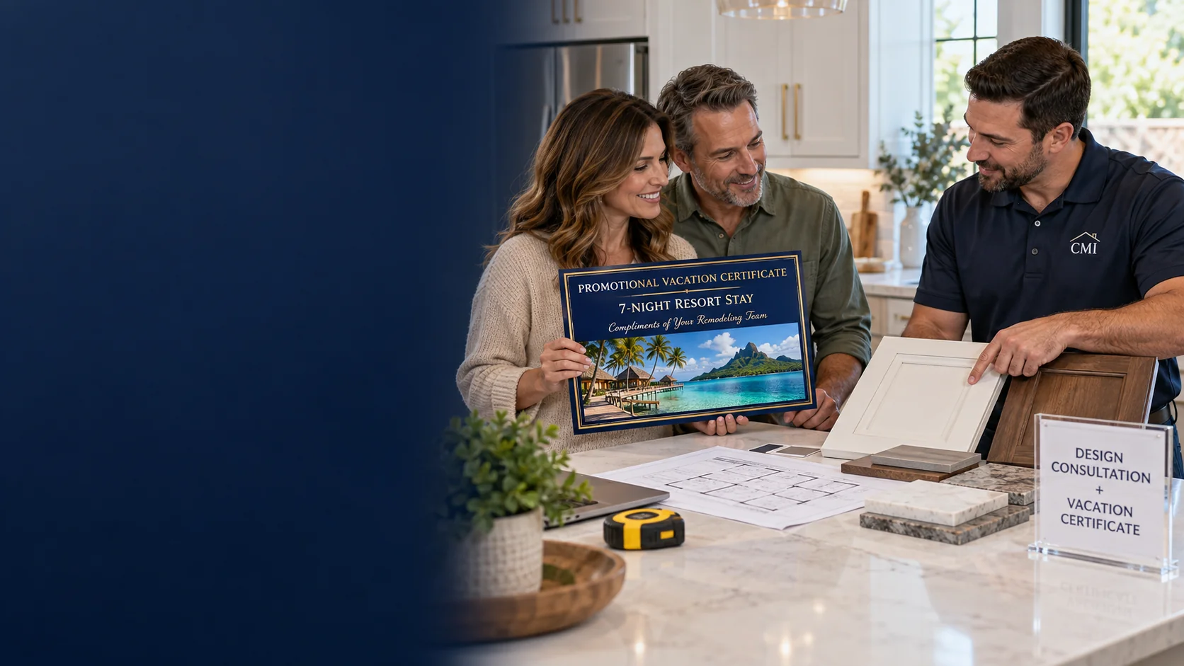 Financial advisor presenting a Promotional Vacation Certificate during a client planning conversation