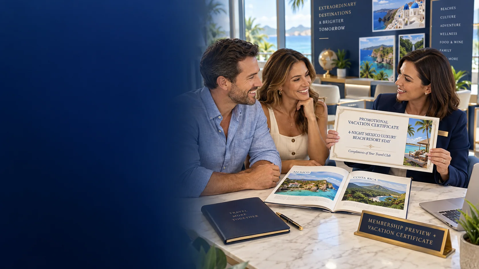 Travel membership consultation with a promotional vacation certificate