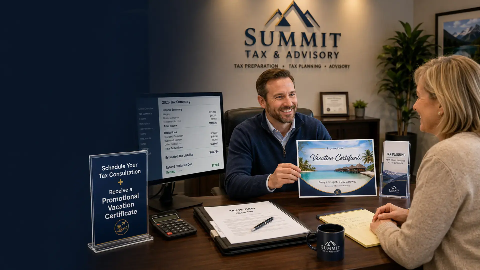 Accountant at Summit Tax & Advisory presenting a promotional vacation certificate to a client during a tax consultation