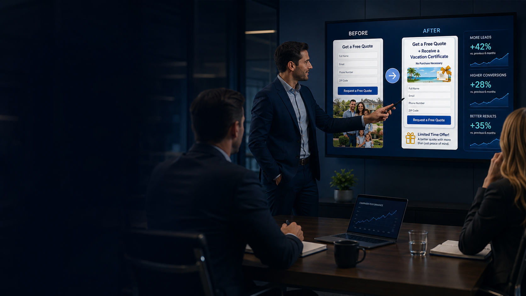 Marketing agency strategist presenting a client ad before-and-after: a basic quote form versus the same form paired with a complimentary vacation certificate incentive