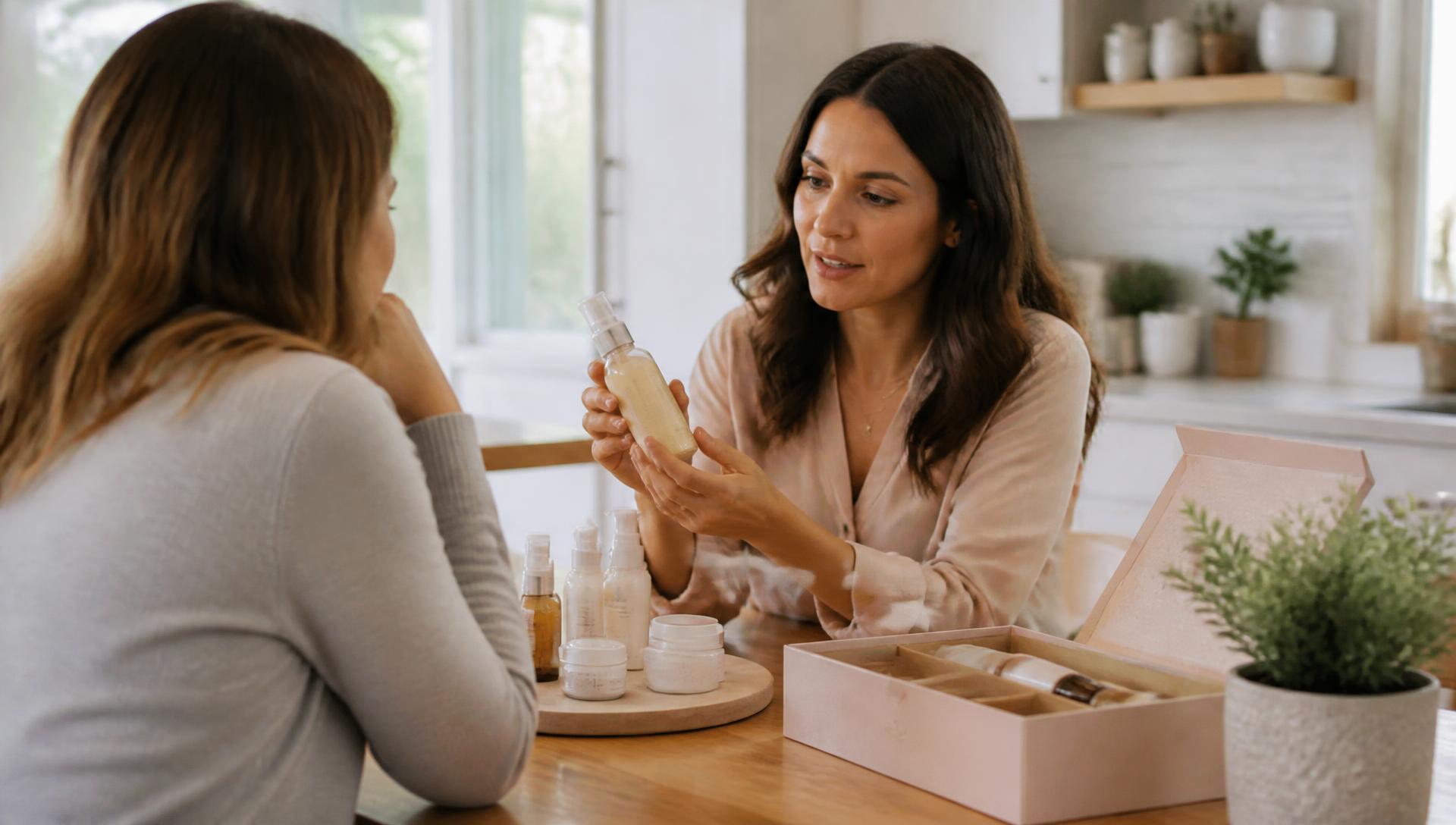 Consultant demonstrating a product from a sample kit to a customer seated at a kitchen table