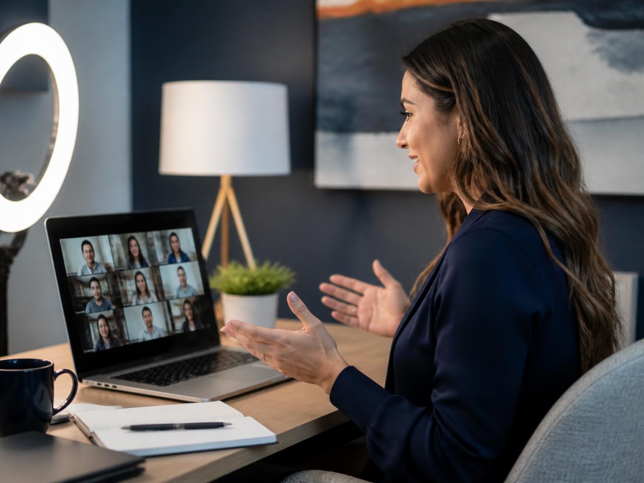 Field leader hosting an online opportunity presentation from a home office with attendees visible on the laptop screen