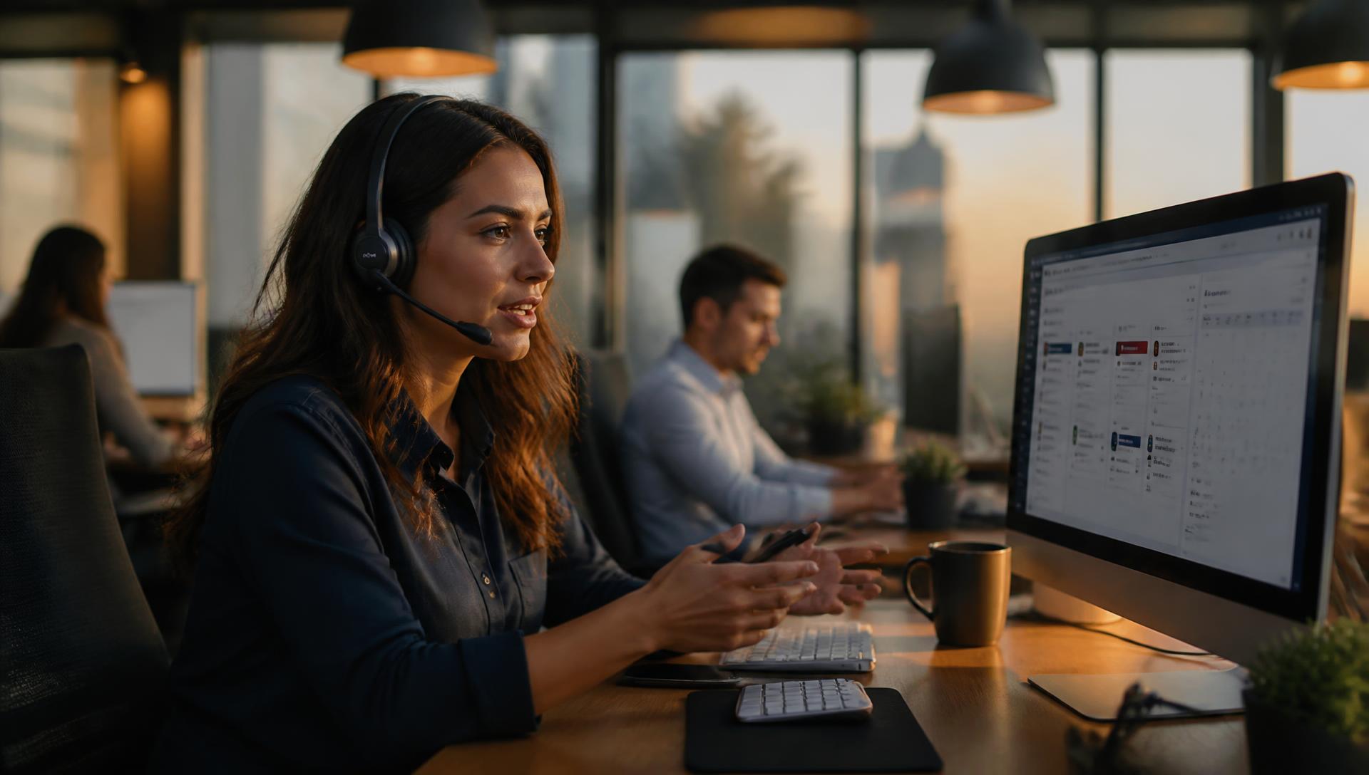 Inside-sales representative on a headset call reviewing a CRM pipeline and appointment calendar on screen