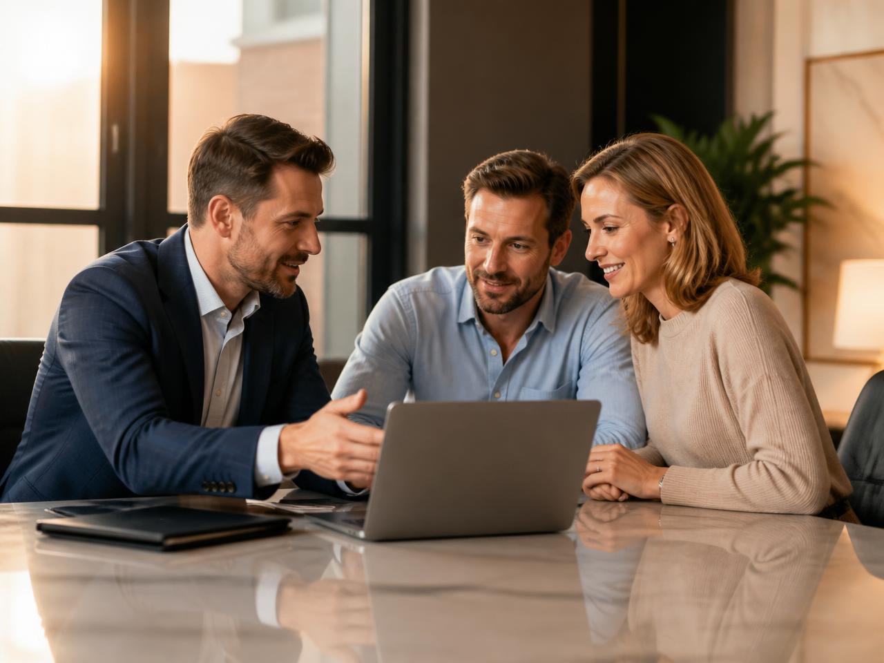 Sales representative reviewing a proposal on a laptop with two attentive prospects in a completed appointment
