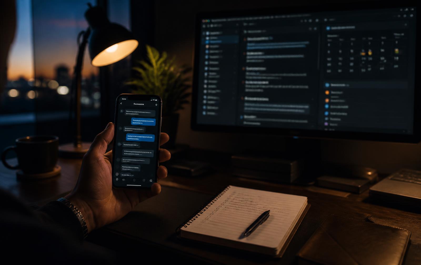 Outbound follow-up workspace at dusk with an SMS thread on a phone beside an email sequence and calendar reminders on a monitor