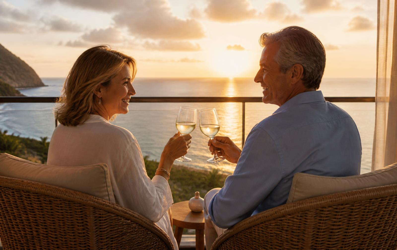 Owners enjoying a resort balcony at sunset