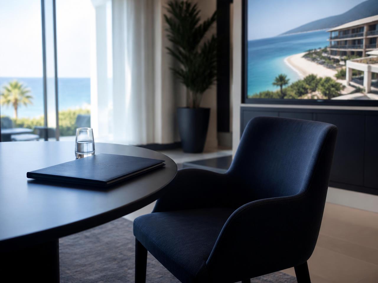 Empty chair at a resort preview center table with an untouched welcome folder