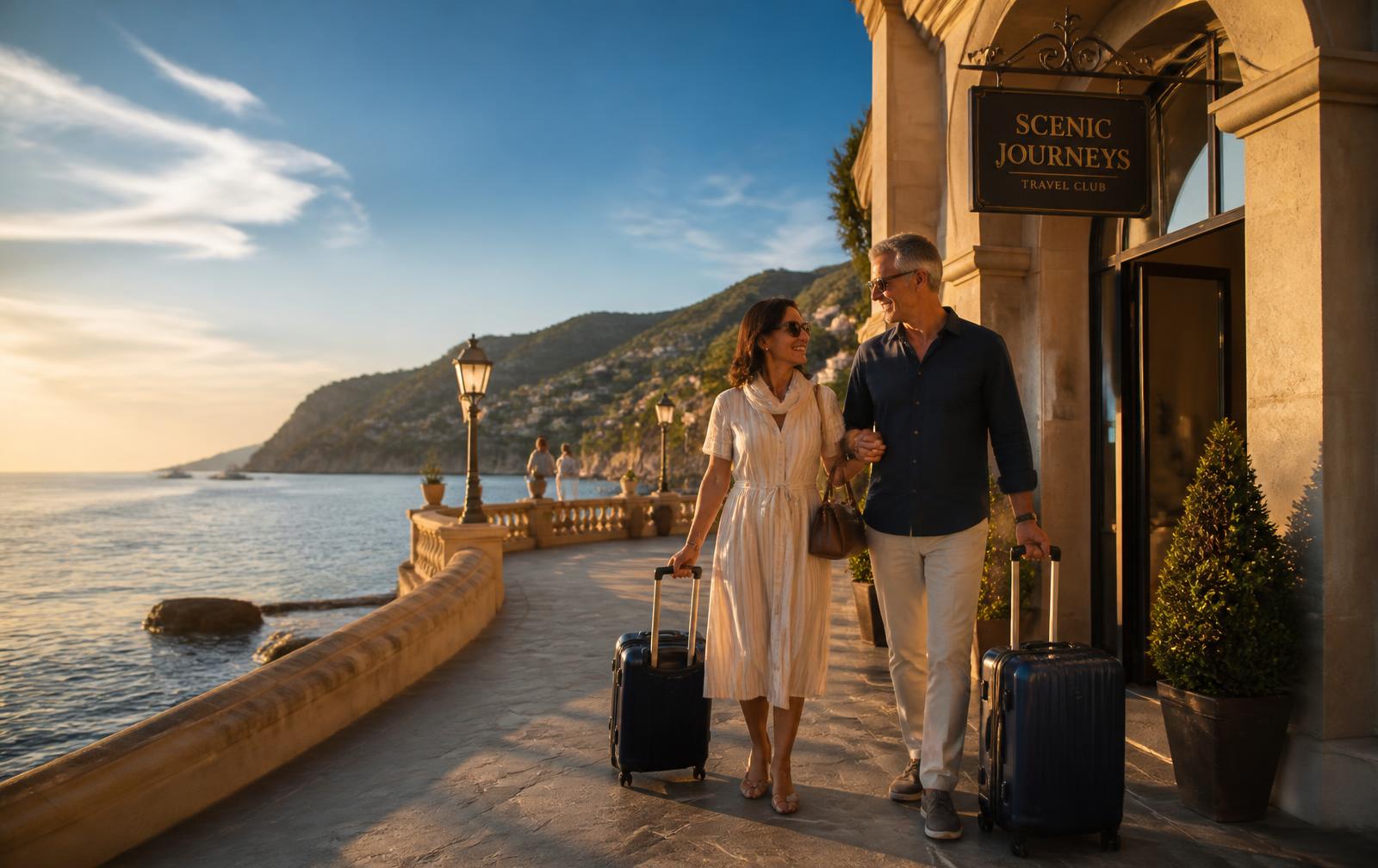 Travel club members arriving at a coastal destination at golden hour