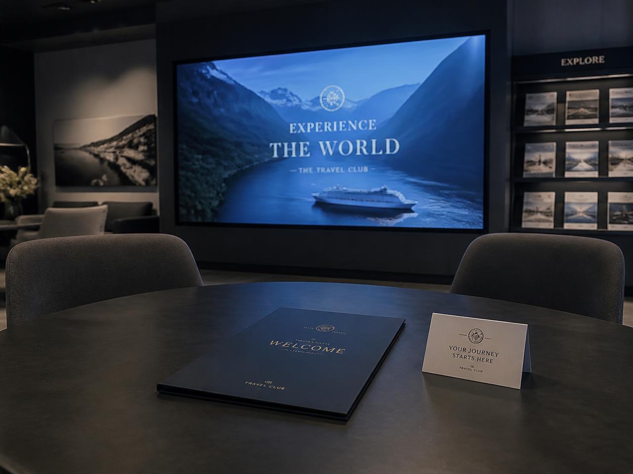 Empty chairs at a travel club presentation table with an untouched welcome folder