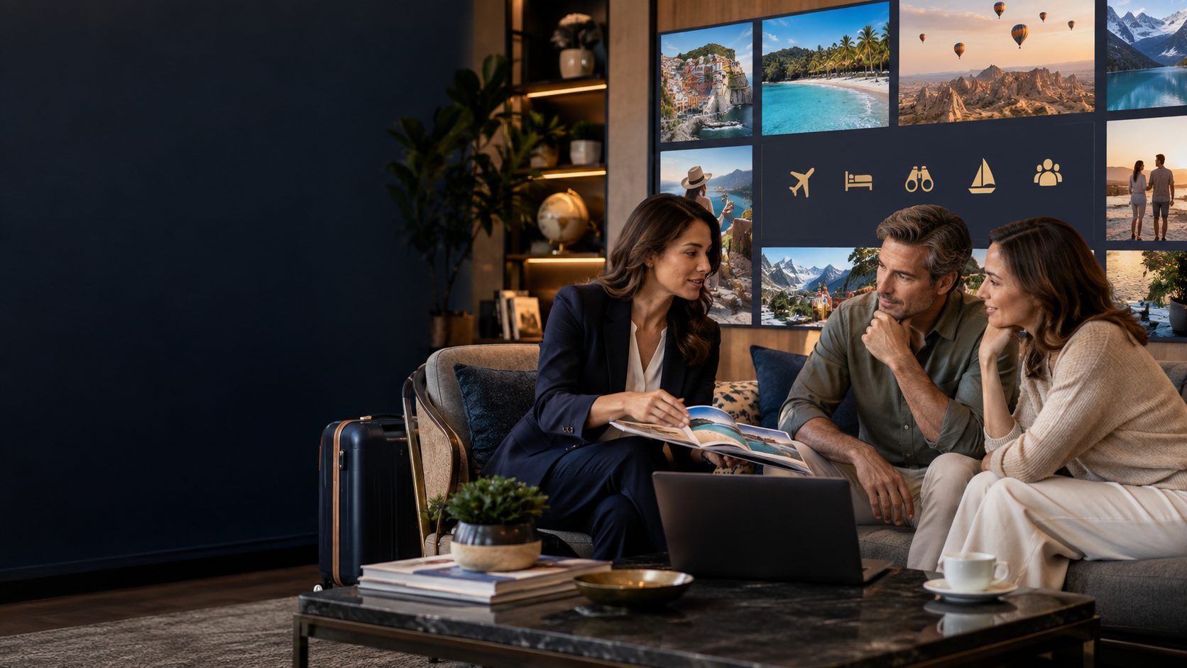 Travel club advisor showing destination options to a couple in a membership lounge with a wall of destination photography behind them