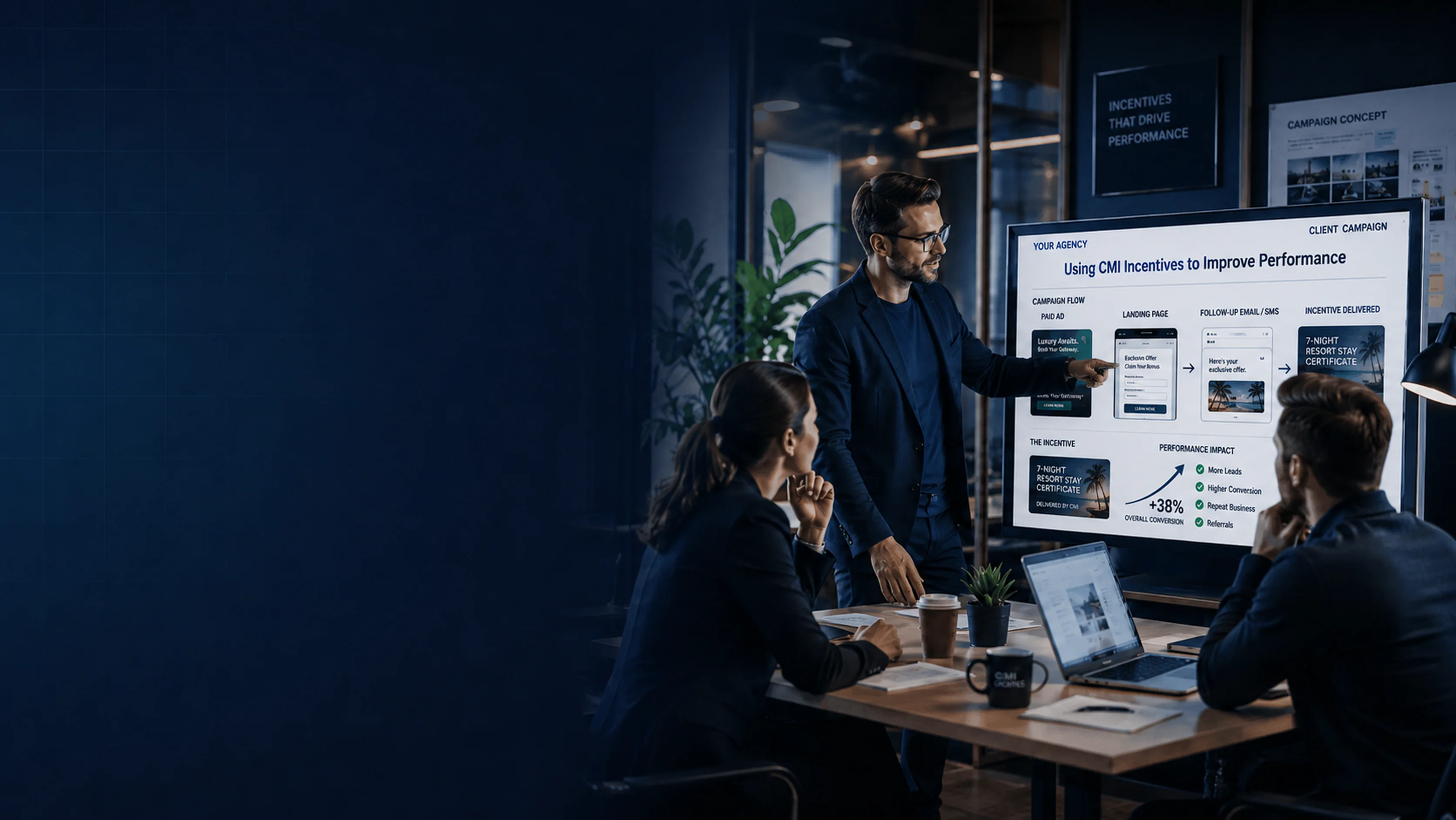 Marketing agency team reviewing a client incentive campaign on screen