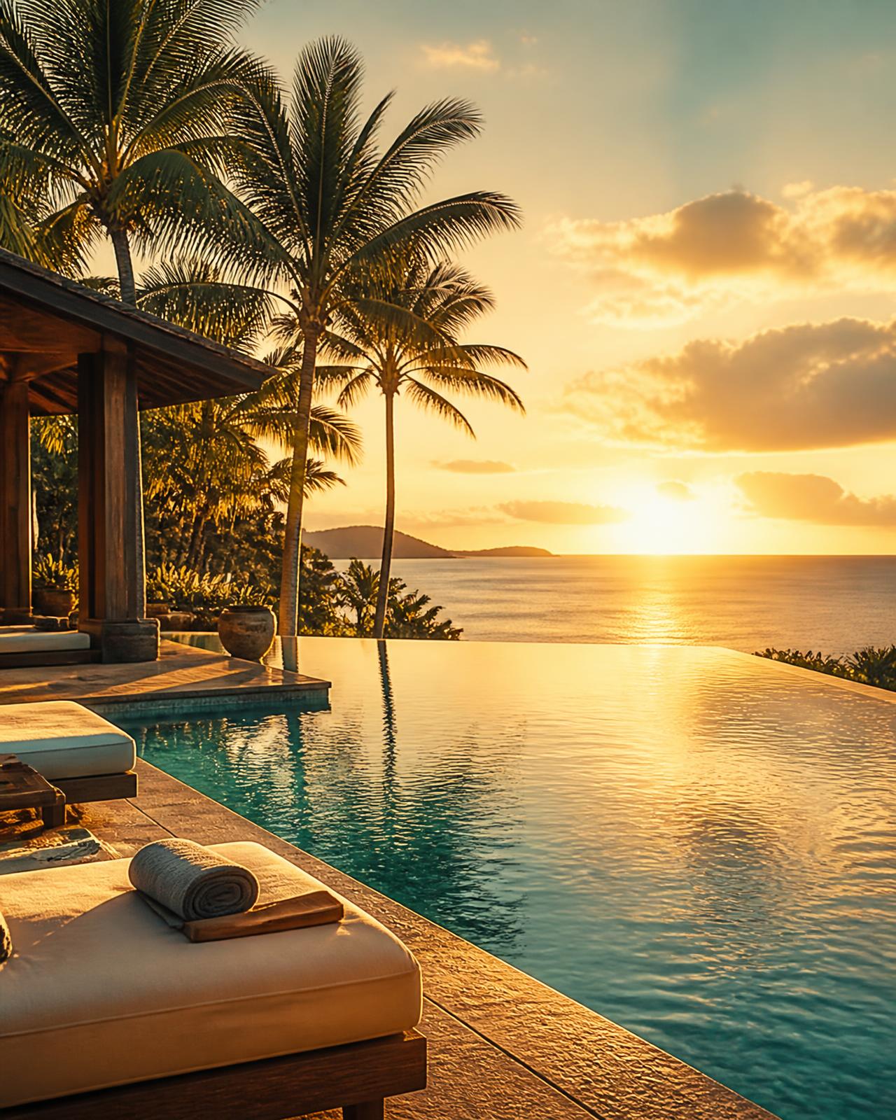 Infinity pool at an upscale tropical resort overlooking the ocean at sunset
