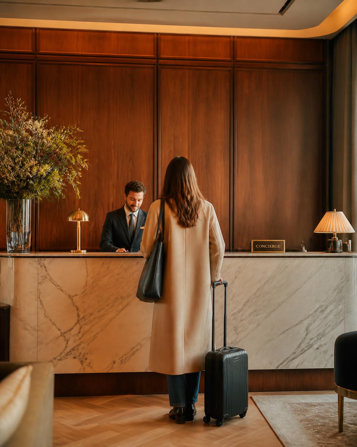 Traveler checking in at an elegant hotel reception desk