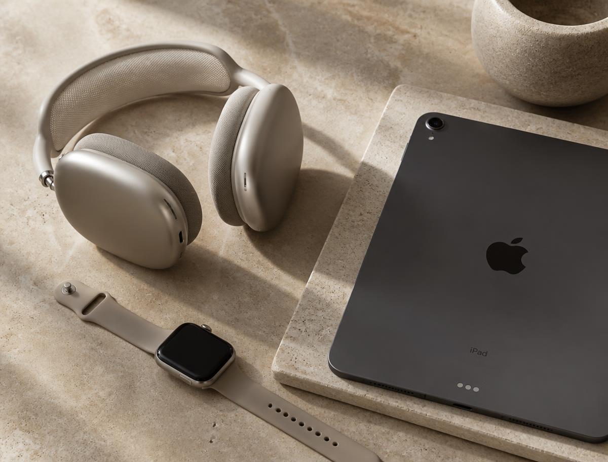 Premium headphones, smartwatch and tablet arranged on a stone surface