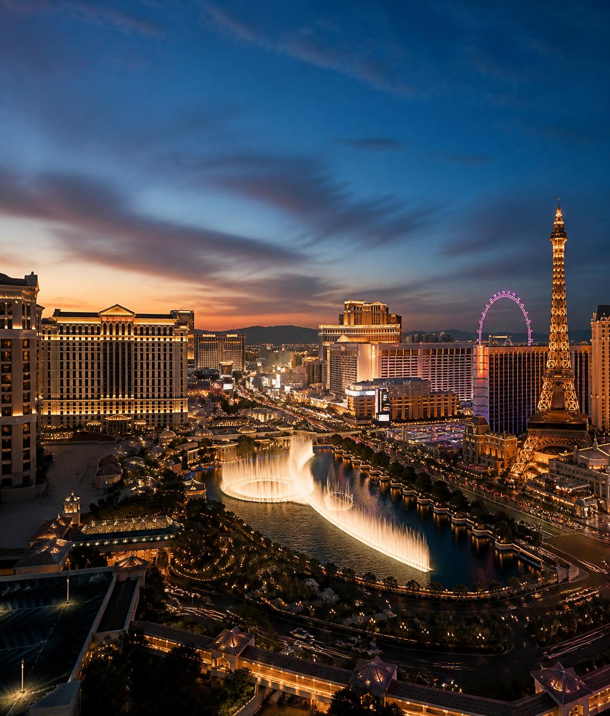 The Las Vegas Strip at dusk with illuminated resorts and fountains