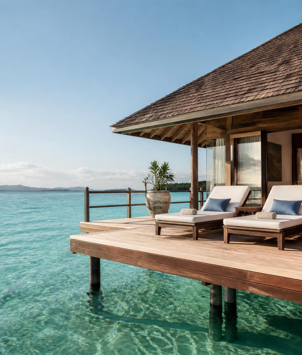 Overwater villa deck with lounge chairs above clear turquoise water