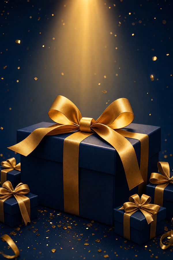 Premium gift box with gold ribbon — rewards
