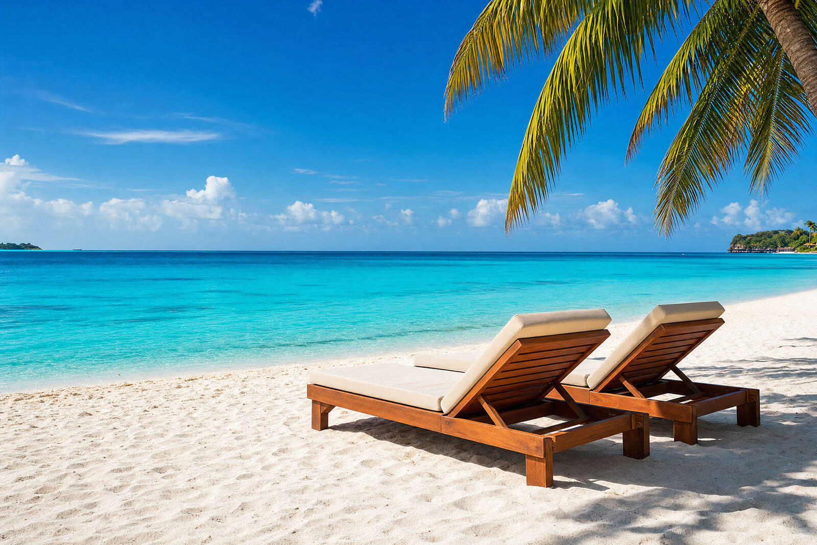 Tropical beach resort — turquoise water, white sand, palm trees and lounge chairs